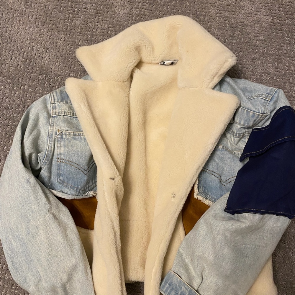 Cropped denim fur jacket